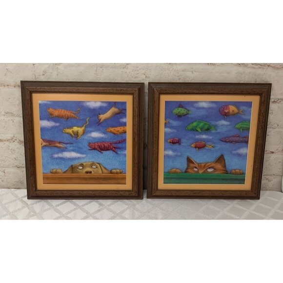 Cathy Gendron Whimsical Dog Cat Fish Framed Art 15" x 15" - Picture 1 of 7